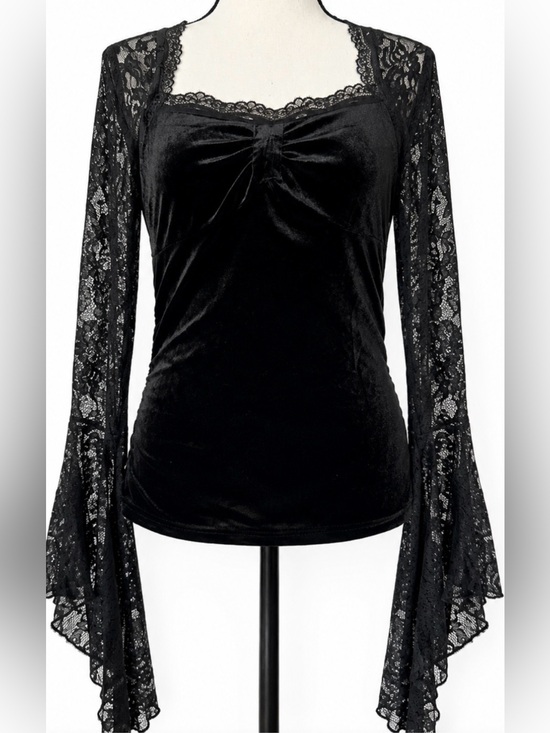Source Unknown Tops - Whimsigoth Black Velvet Top Flare Bell Lace Long Sleeve Ruched Dark Fairycore